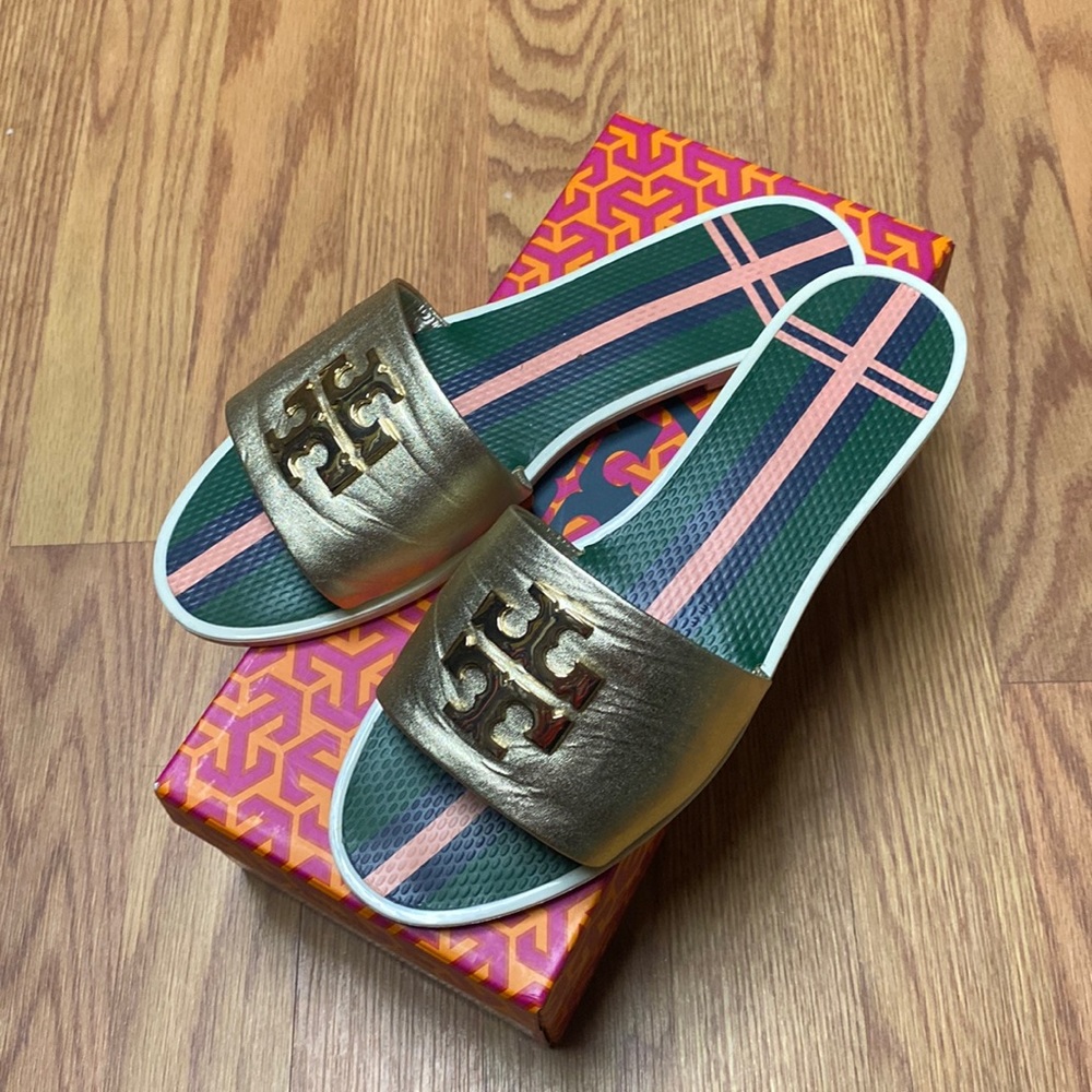 Tory burch eleanor slide gold logo slide sandals - Picture 2 of 5